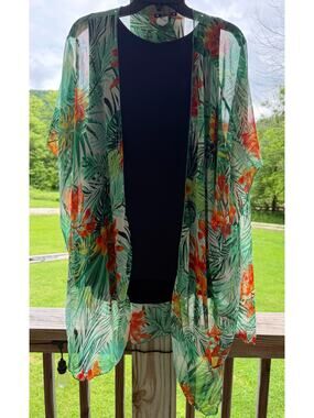 Resort Boho Lagenlook Tropical Try This Floral Print Kimono Plus Size 2X/3X